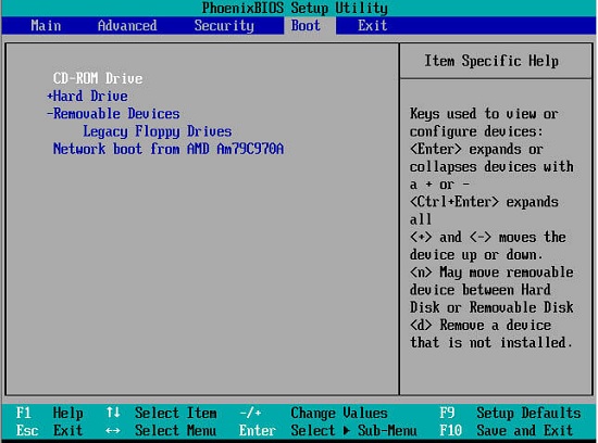 liste de boot sur le menu du BIOS