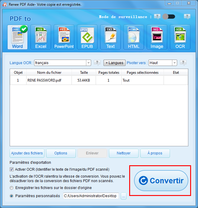 lancer la conversion du document PDF en Word