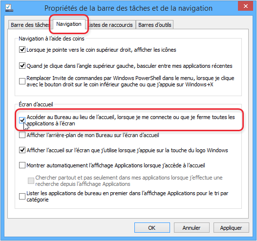 Windows 8.1 démarrer sur le Bureau