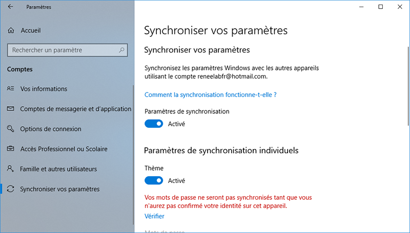 synchronisation des paramètres Windows sur OneDrive