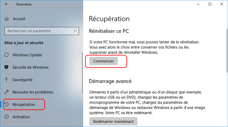 réinitialiser le PC sur Windows 10