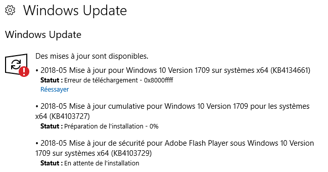 erreur 0x8000ffff lors de la mise à jour de Windows 10