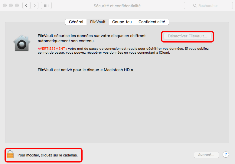 désactiver FileVault