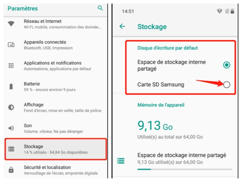 régler stockage android