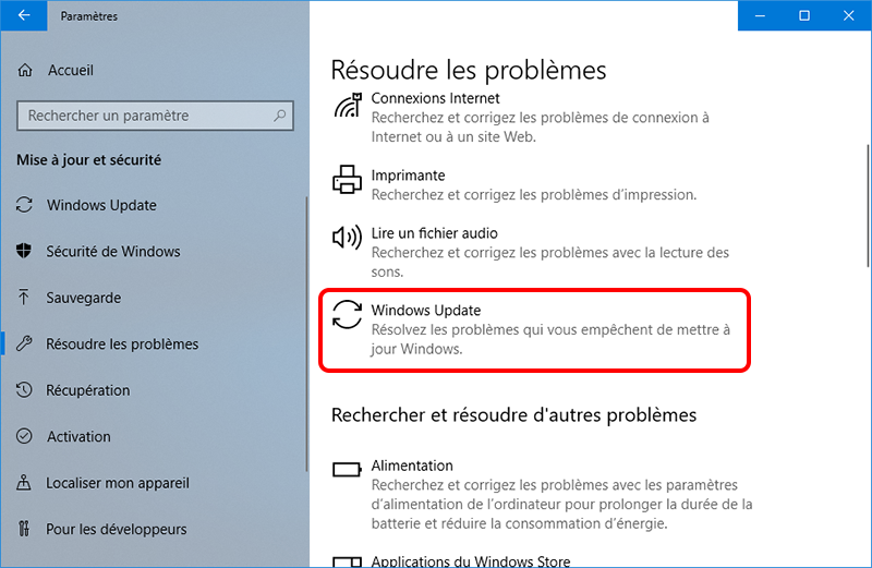 sélectionner l'option Windows Update