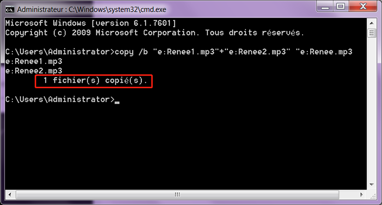 assembler fichiers mp3 en un seul avec la commande copy