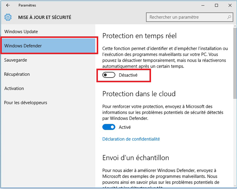 désactiver Windows Defender pour libérer plus d'espace