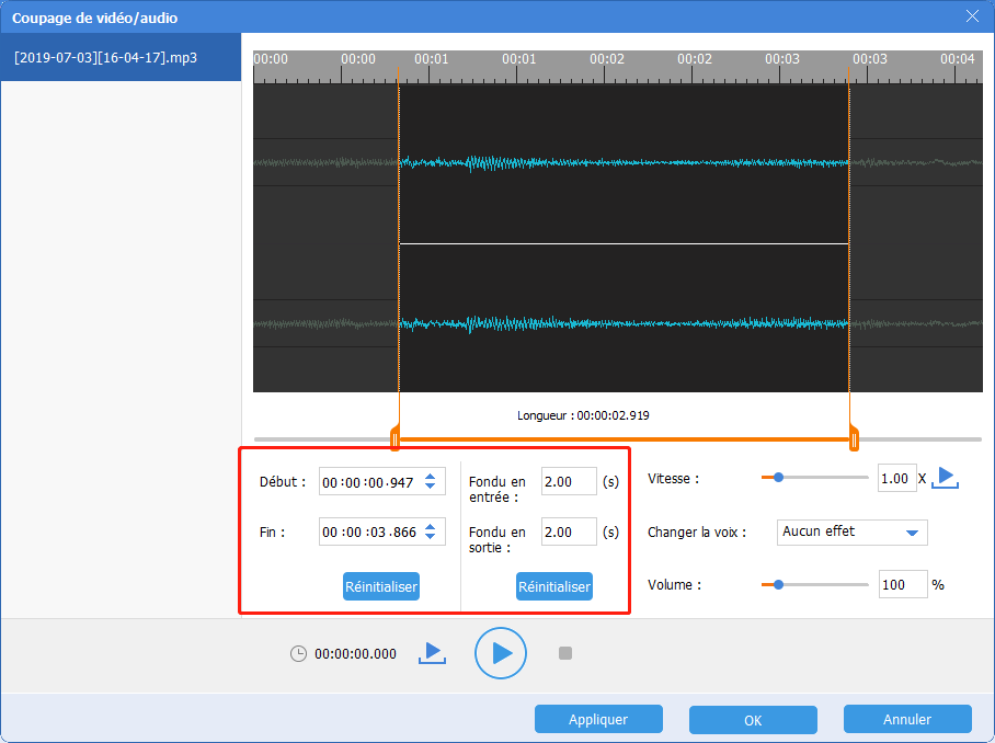 définir les paramètres de fichier audio