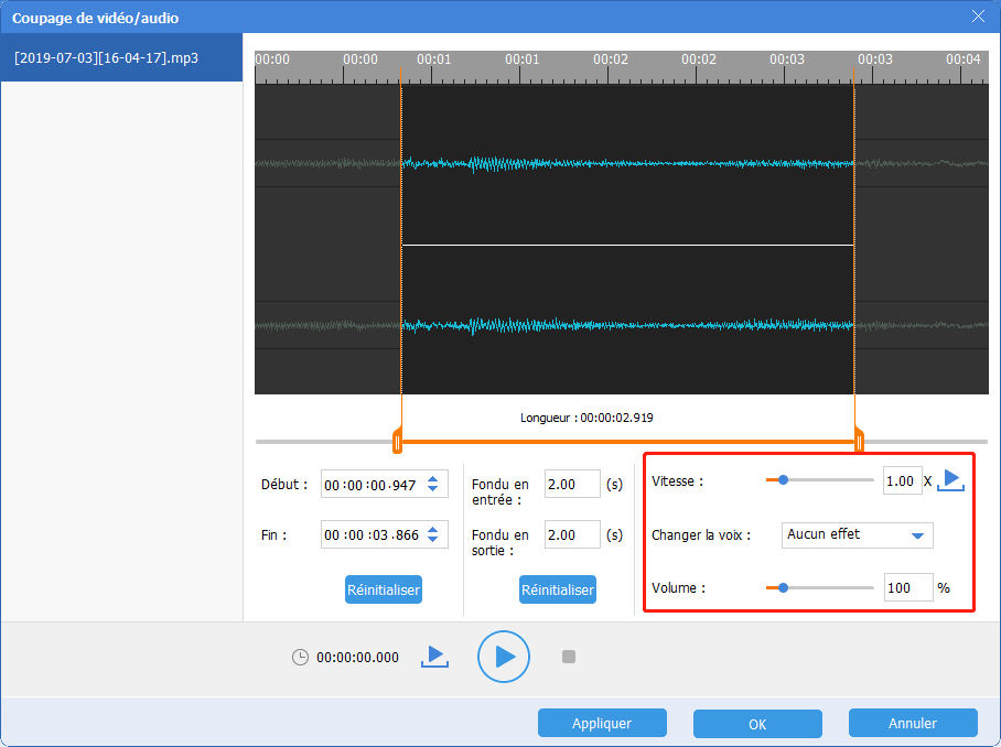 définir les effets de fichier audio