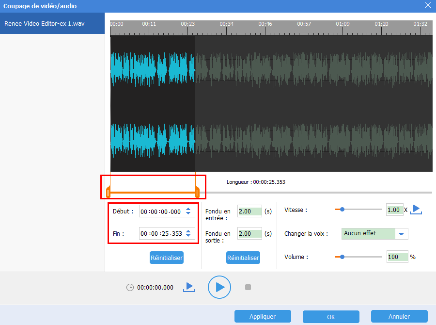 définir le début et la fin pour le fichier audio