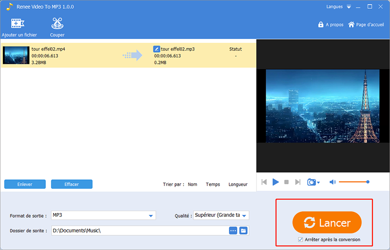 cliquer sur lancer pour commencer la conversion de vidéo en mp3