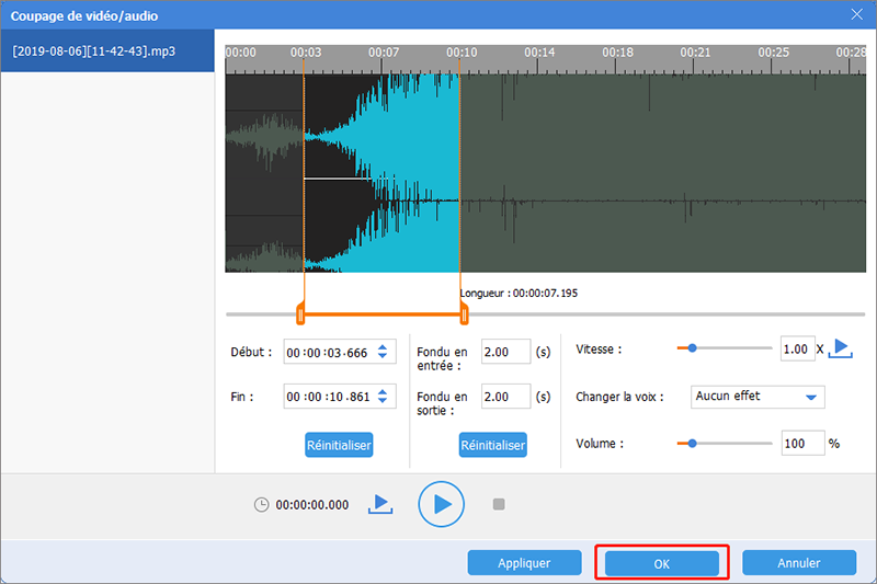 cliquer sur OK pour terminer le coupage