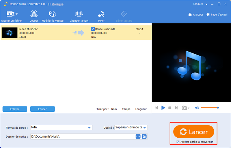 Lancer la conversion de format FLAC en M4A