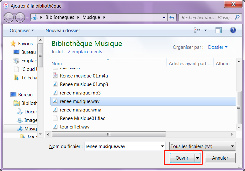 ouvrir le fichier audio que vous allez ajouter à la bibliothèque