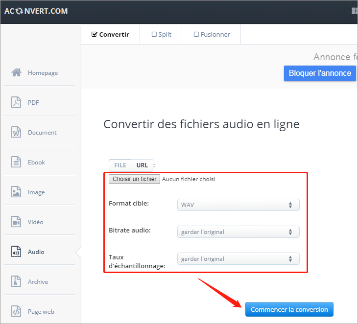 convertir wma en wav avec Aconvert