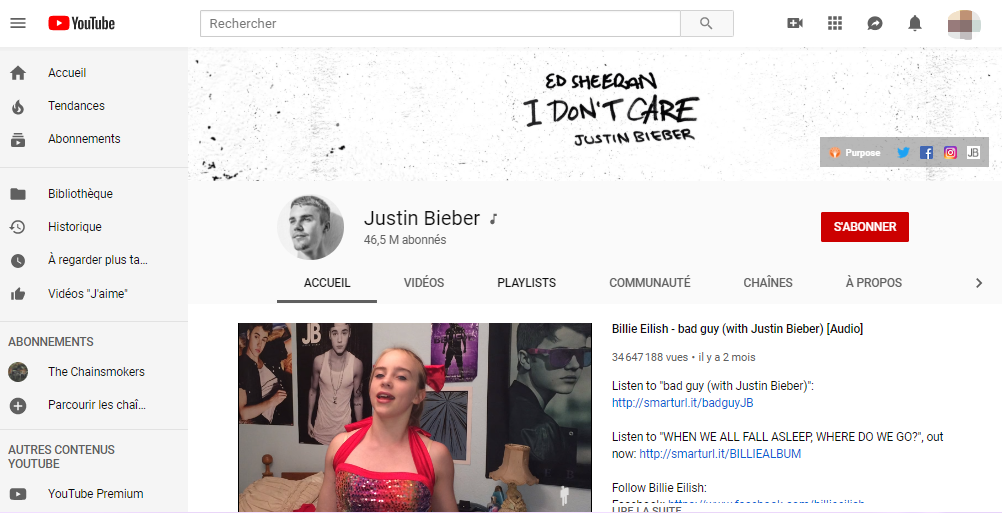 la chaîne Justin Bieber sur YouTube