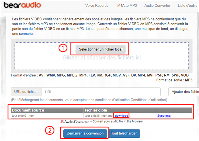 convertir une vidéo en mp3 et télécharger la musique sur YouTube avec l'aide du site bearaudio