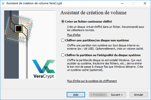créer un volume avec le contenu chiffré dans VeraCrypt