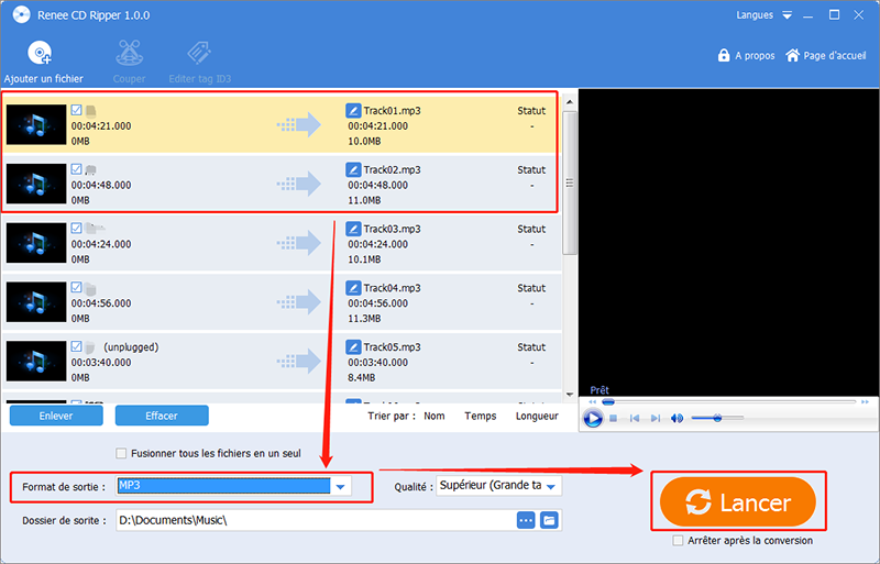 cliquer sur Lancer pour convertir CDA en MP3