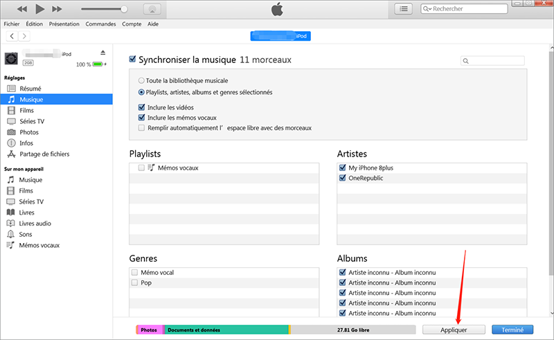 cliquer sur Appliquer pour commencer la synchronisation