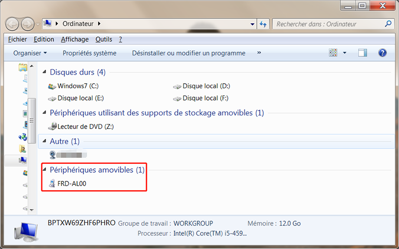 sélectionnez le périphérique mobile connecté à l’ordinateur