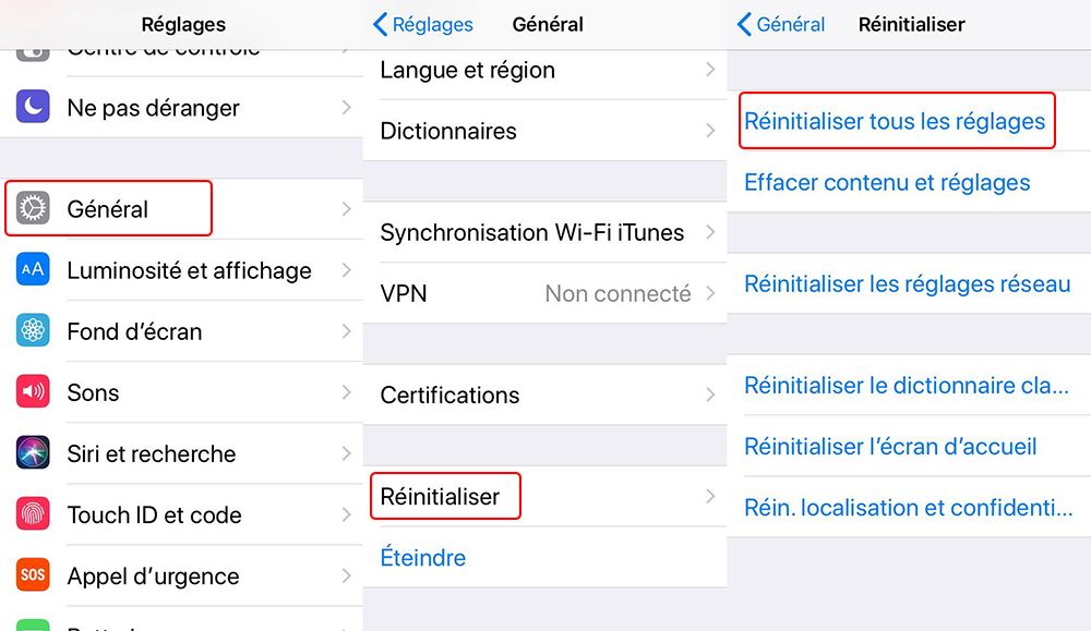 réinitialiser les réglages d'iPhone