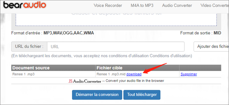 télécharger le fichier converti sur le site Bearaudio