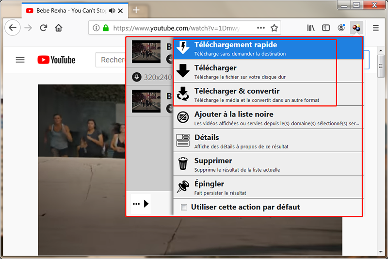 cliquer sur l'icône d'extension pour télécharger la vidéo cible