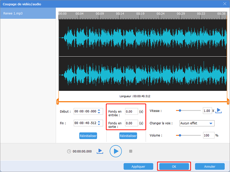 ajuster la durée de fondu en entrée et en sortie pour le montage de la musique