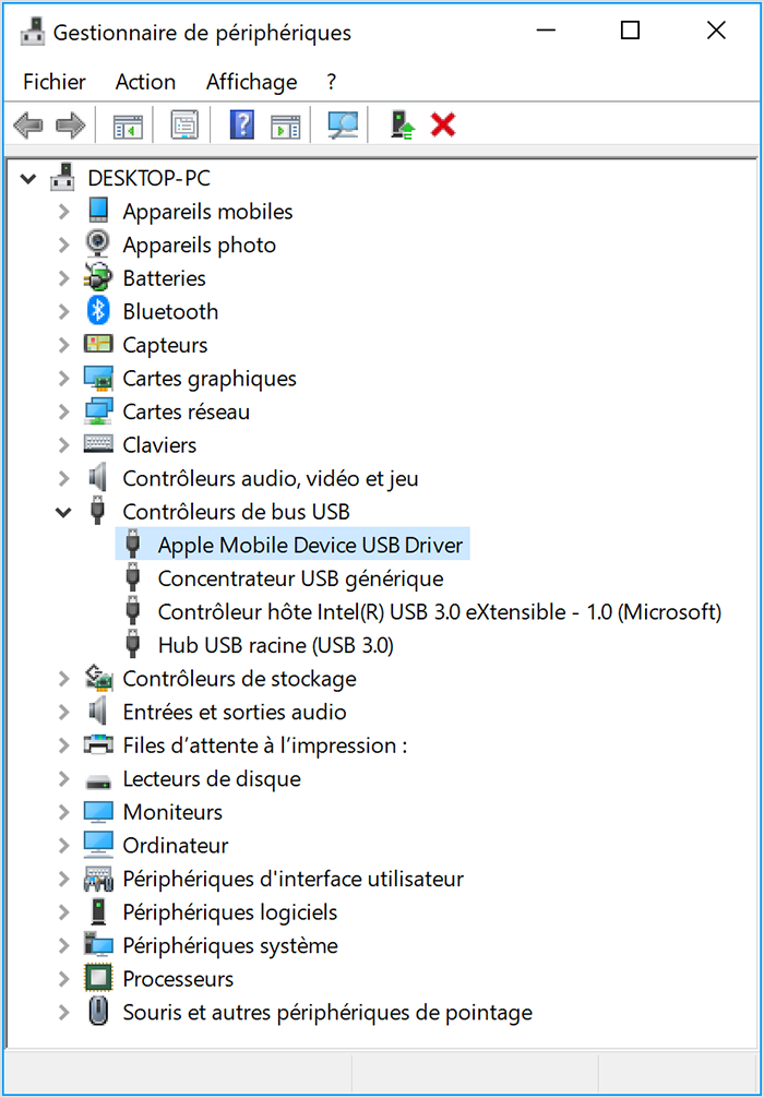 vérifier le pilote d'Apple Mobile Device USB Driver