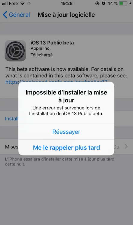 impossible d'installer la mise à jour