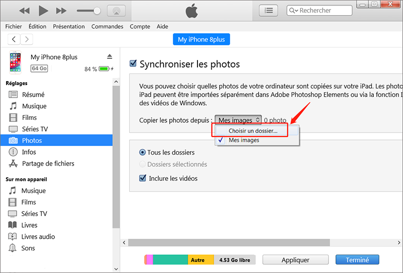 transférer les photos du PC vers iPhone via iTunes