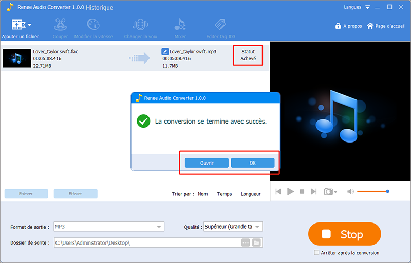 la conversion de flac en mp3 se termine avec succès