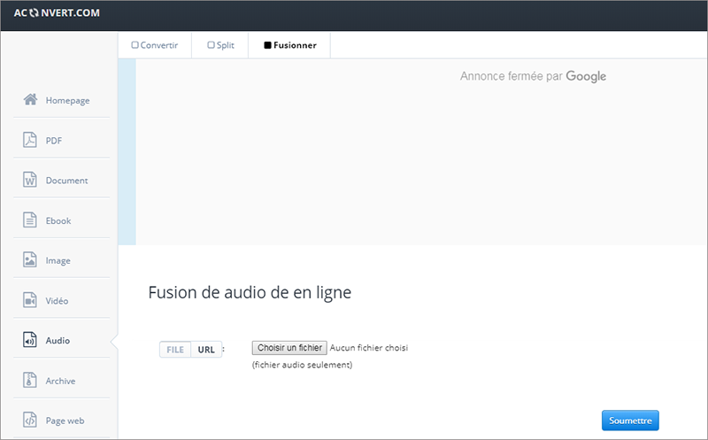 fusionner les fichiers mp3 sur le site Aconvert