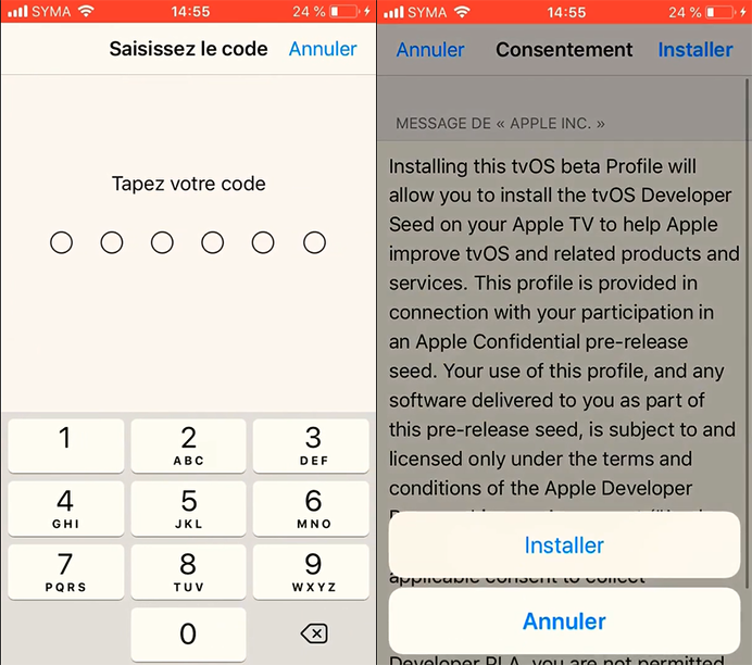 taper le code pour installer le profil