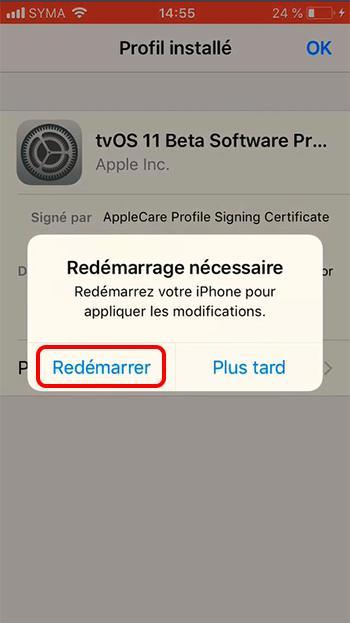 redémarrer l'iPhone après l'installation du profil