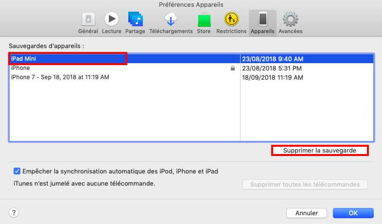 supprimer la sauvegarde iTunes pour supprimer le mot de passe de sauvegarde iPhone ou iPad oublié