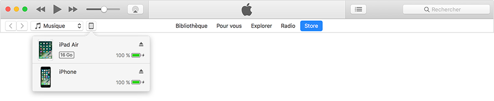 sélectionner l'appareil cible dans iTunes