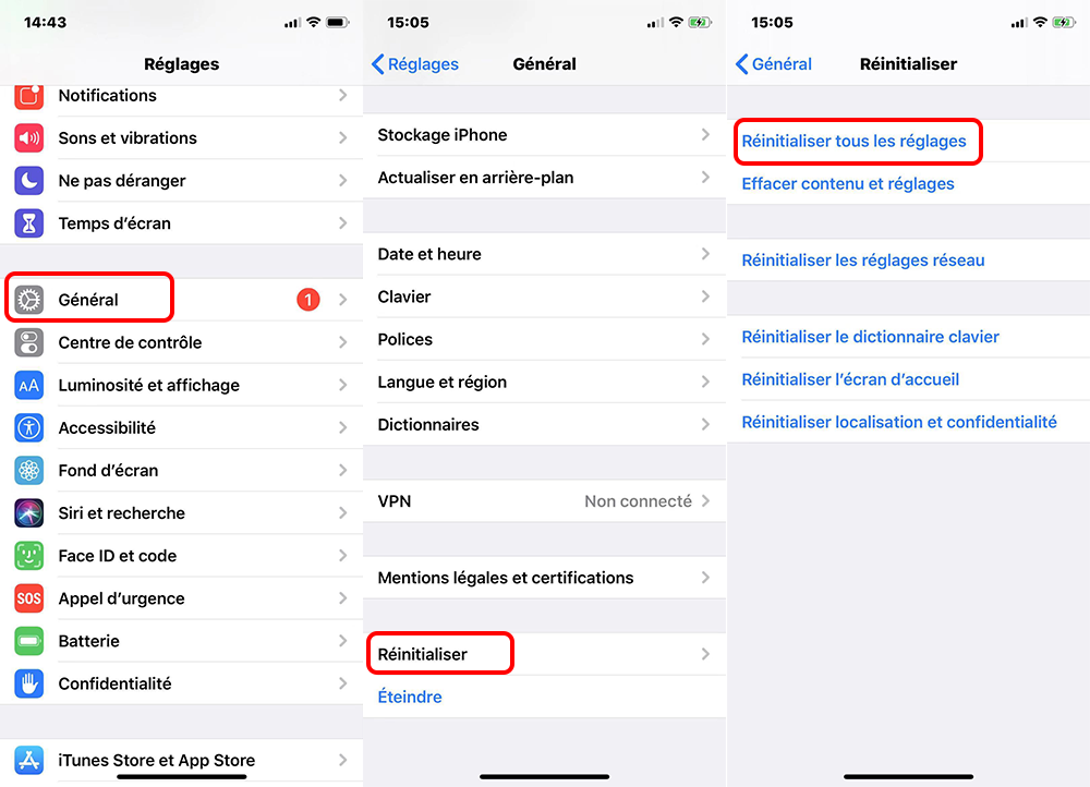 réinitialiser les réglages d'iPhone X