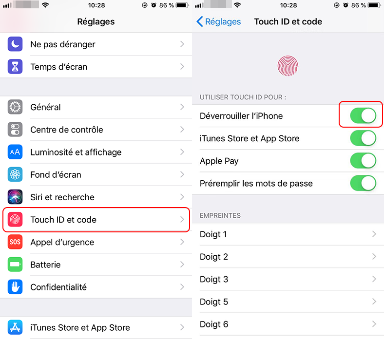 activer la fonction Touch ID sur iPhone