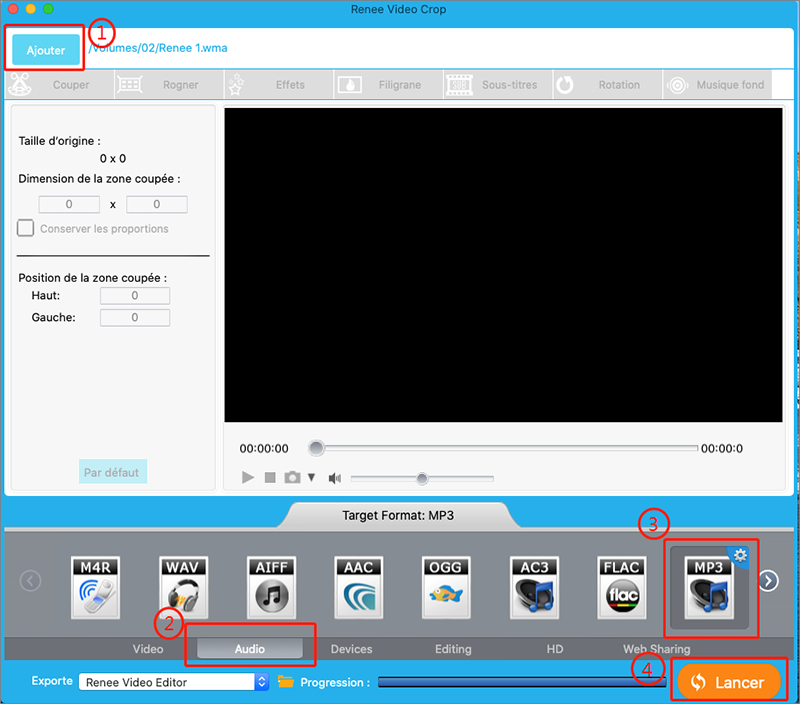convertir le fichier WMA en MP3 avec Renee Video Editor sous Mac