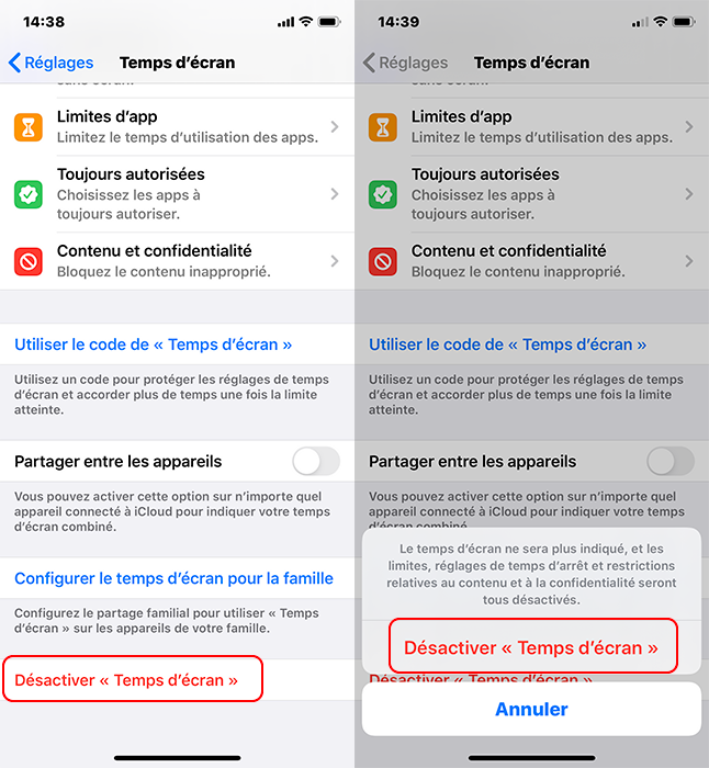 désactiver Temps d'écran sur iPhone