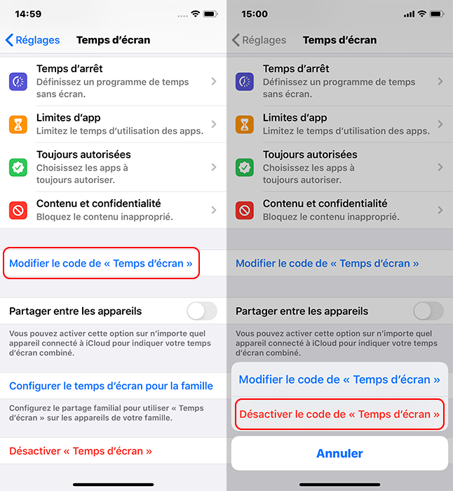 modifier le code de temps d'écran