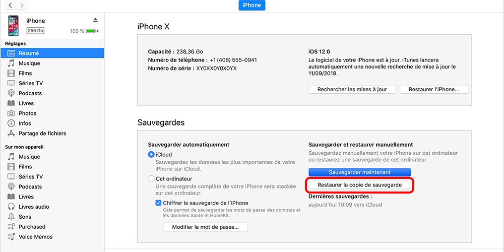 restaurer la sauvegarde depuis iTunes