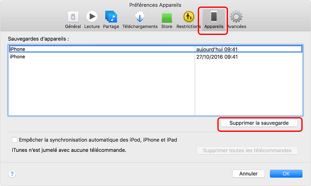 supprimer la sauvegarde iTunes