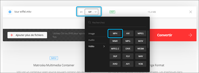 choisir le format sur Convertio