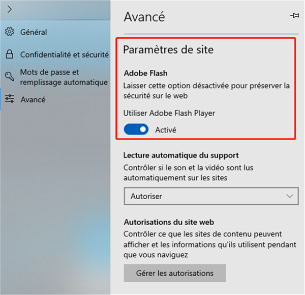 ouvrir l’option permattant la lecture du plugin Flash