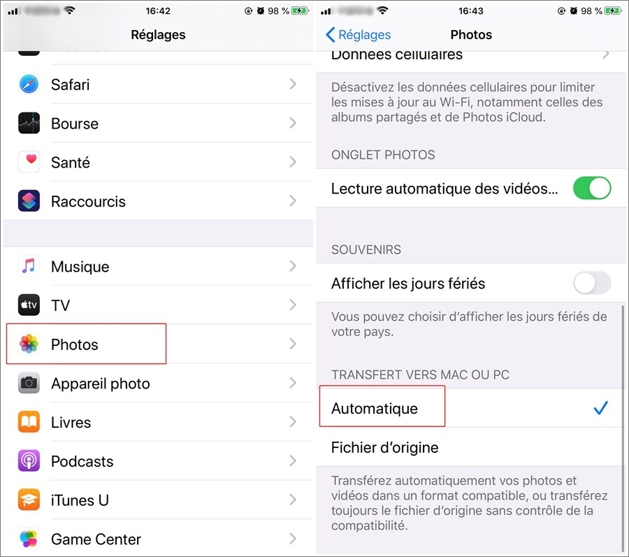 choisir Automatique lors du transfert des photos de iPhone vers MAC ou PC