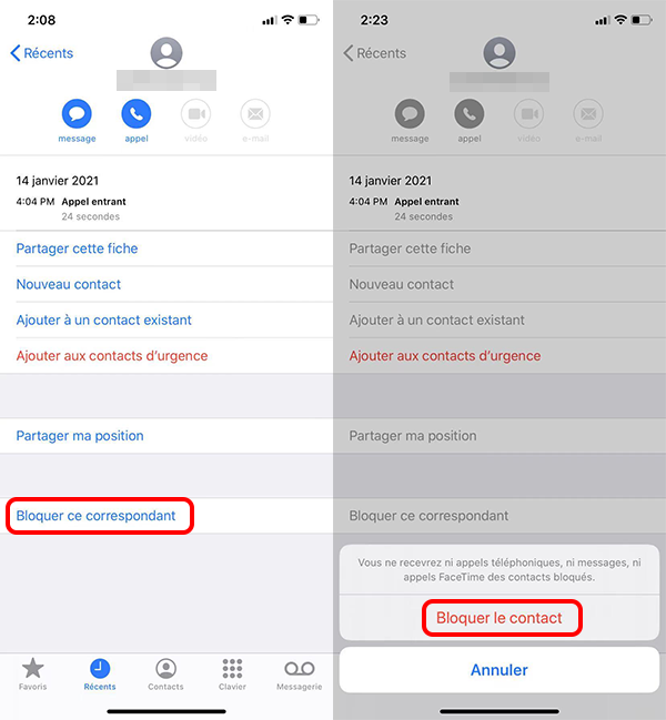 bloquer le numéro de téléphone sur iPhone