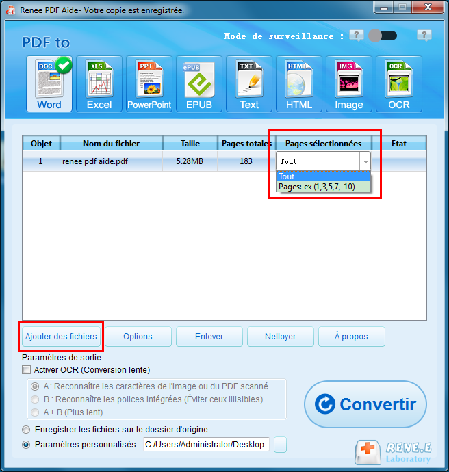 sélectionner les pages à convertir